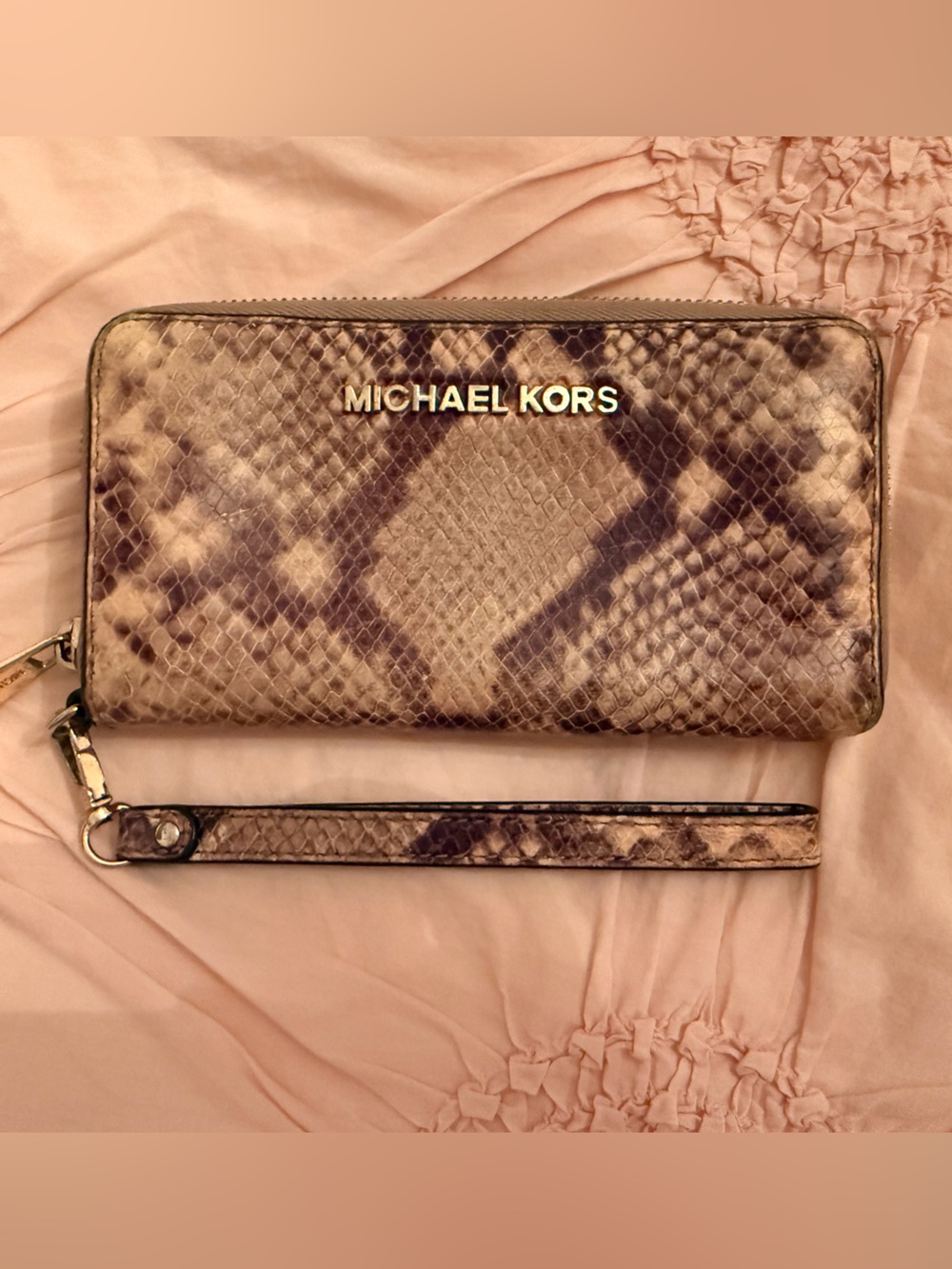 Michael Kors Brown Taupe Snake-Print Zip Wristlet